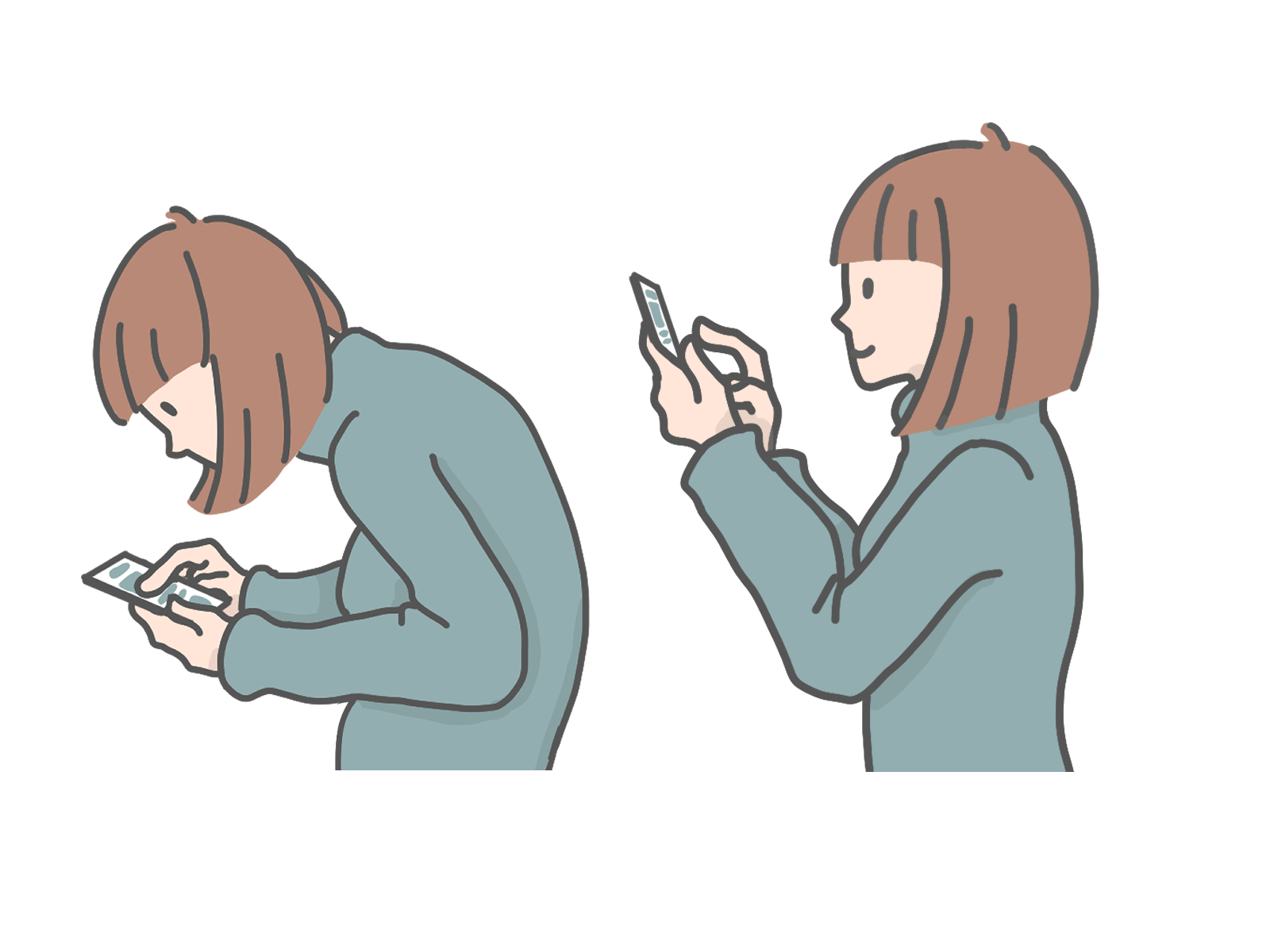 スマホを触って猫背に張っている女性のイラスト