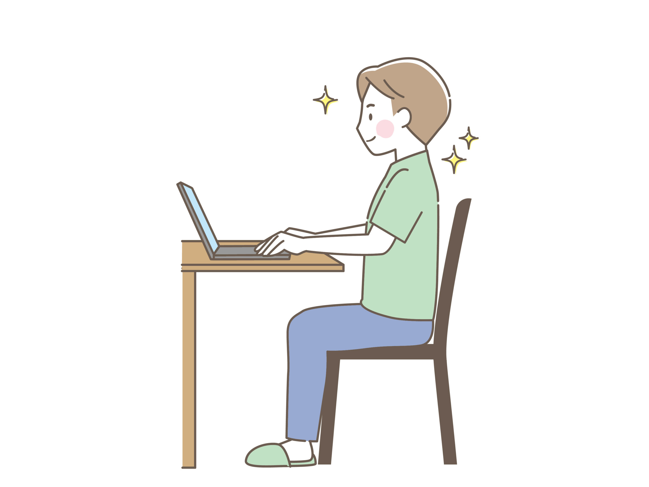 姿勢よくPC作業をする男性のイラスト
